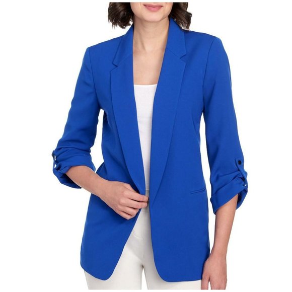 NINE WEST Open Front Roll Tab Sleeve Blazer Jacket Blue sz M Women's